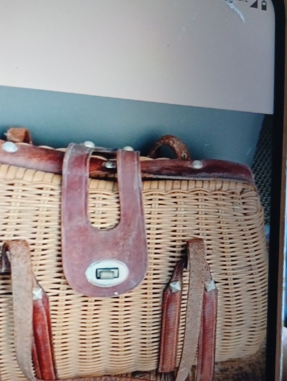 Woven Straw Tote with Brown Leather Trim - Classic Summer Handbag - Picture 2 of 6
